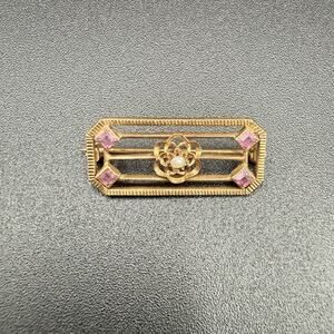 Vintage Victorian 10K Gold Bar Brooch with Pink Sapphires & Seed Pearl Signed